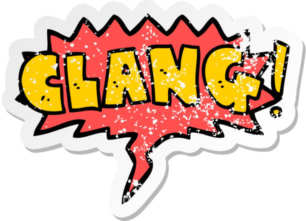 illustrazioni stock, clip art, cartoni animati e icone di tendenza di parola del fumetto clang con il fumetto angosciato angosciato vecchio adesivo - clang