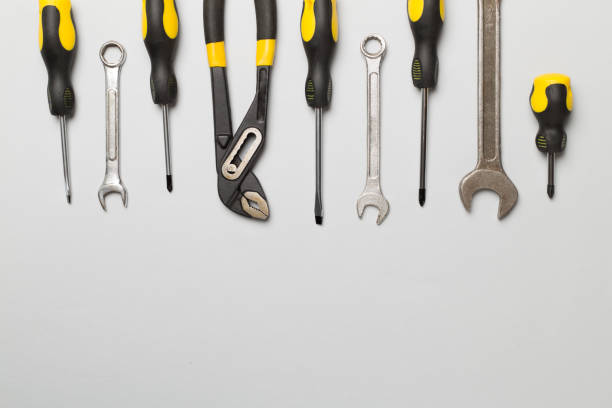 istock Set of tools on color background, top view 1483090092