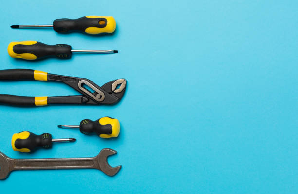 istock Set of tools on color background, top view 1483090095