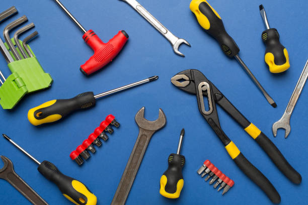 istock Set of tools on color background, top view 1483090098
