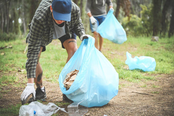 father and son clean up trash in the forest stock photo