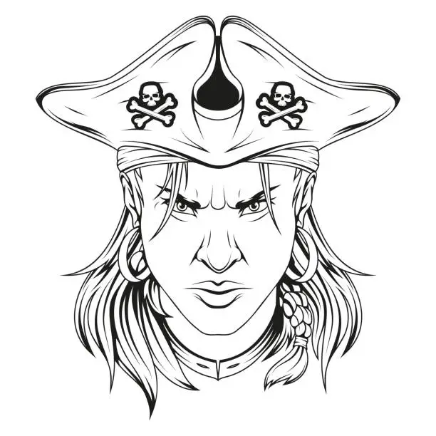 Vector illustration of Pirate girl. Vector illustration of a  sketch  woman in big hat. Female pirate