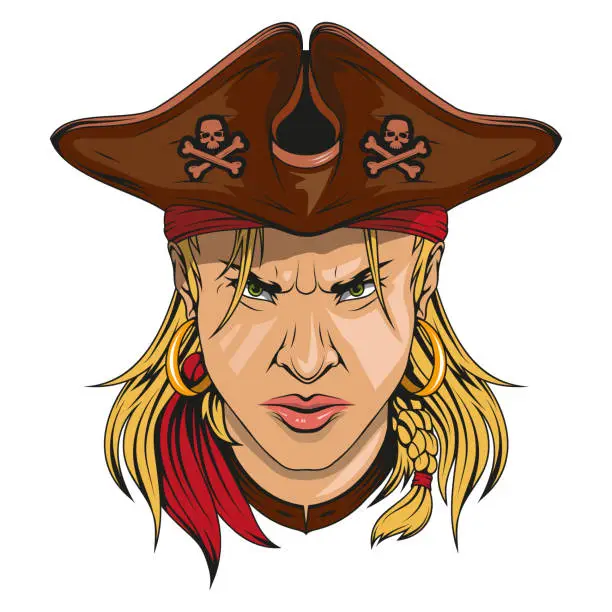 Vector illustration of Pirate girl. Vector illustration of a woman in big hat. Female pirate