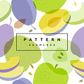istock Plum and Apple seamless pattern. Transparent fruits and frame with text is on separate layer. 1483093847
