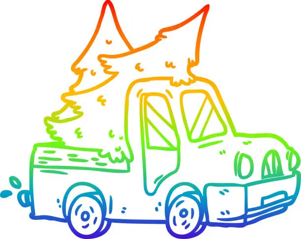 Vector illustration of rainbow gradient line drawing of a pickup truck carrying christmas trees
