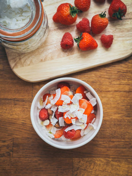 Overnight oats in a bowl with berries toppings