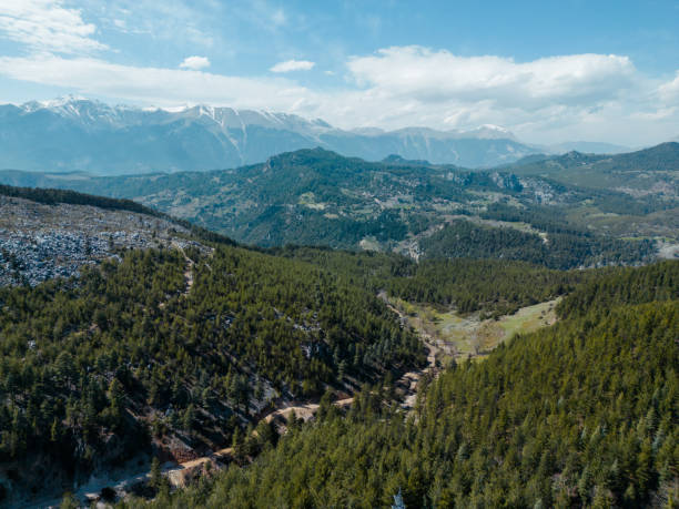 istock Aerial mountain range view, valley, dirt roads, snowy mountains 1483097608