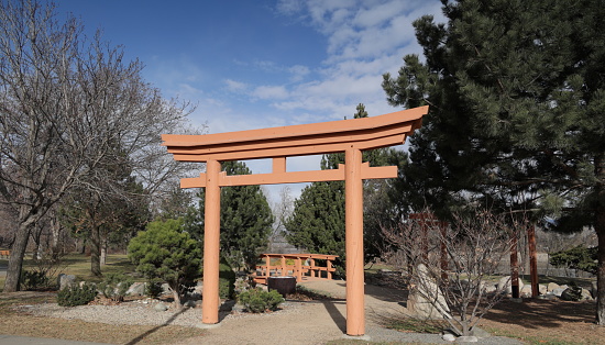 MIYAGIMA, JAPAN - November 21, 2017: Red Floating Big Torii gate in Miyajima Island of Japan.