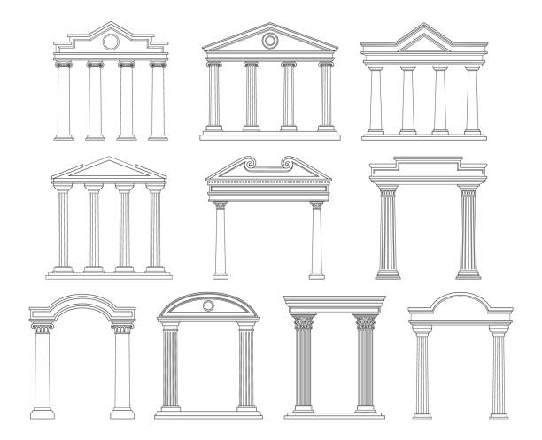 illustrations, cliparts, dessins animés et icônes de ensemble de frontons anciens - column greece pedestal classical greek