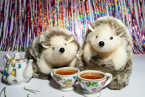 Soft toys family or couple of hedgehogs drinking tea from ceramic cups. Concept of comfort, home warmth and christmas or new year. Greeting card.