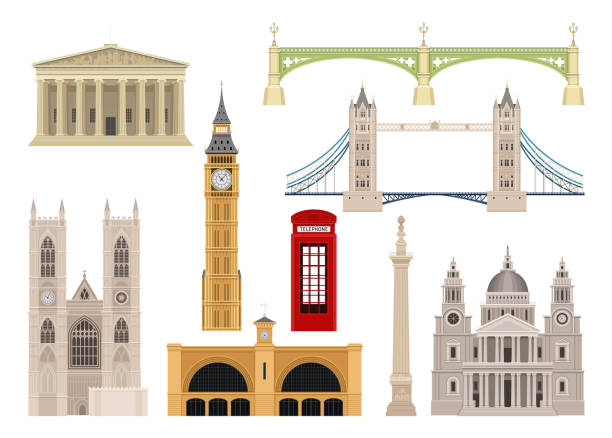 ilustrações de stock, clip art, desenhos animados e ícones de london landmarks set - telephone booth telephone pay phone telecommunications equipment