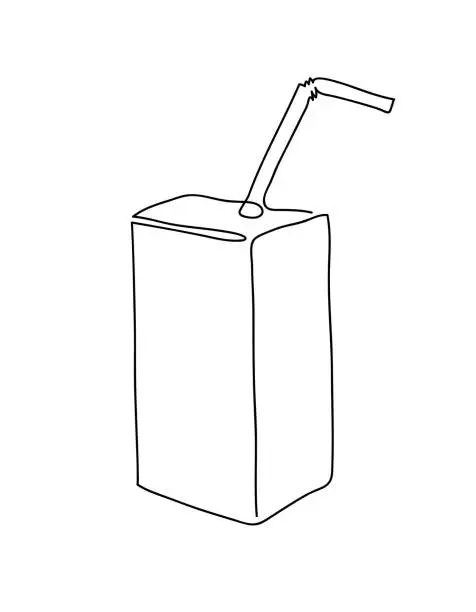 Vector illustration of Pack of juice with straw line. Paper box milk container outline icon isolated on white background. Continuous one line drawing vector illustration