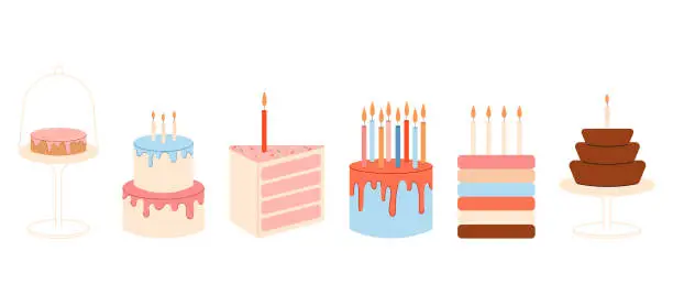 Vector illustration of Set of Birthday Cakes vector flat illustration.