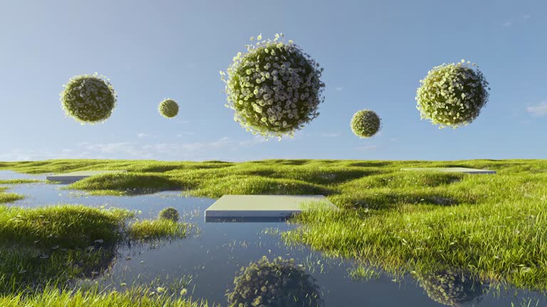 Green flooded meadow with flying spherical daisy flowerbeds. Surreal fantasy garden animation. Loop.