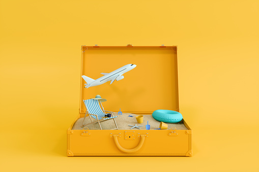 Open Suitcase With Lounge Chair, Inflatable Swimming Ring And Flying Airplane On Yellow Background. 3D Rendering