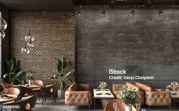 Industrial Style Of Dark Interior Design 3d Render Stock Photo - Download Image Now