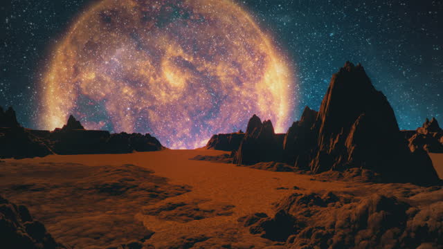 Rocky desert alien planet with giant sun on the horizon. Mercury landscape. Sci-fi background.
