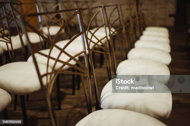 Gold Chairs With Padded Seats Set Up For A Wedding Stock Photo - Download Image Now - Chair, Color Image, Elegance