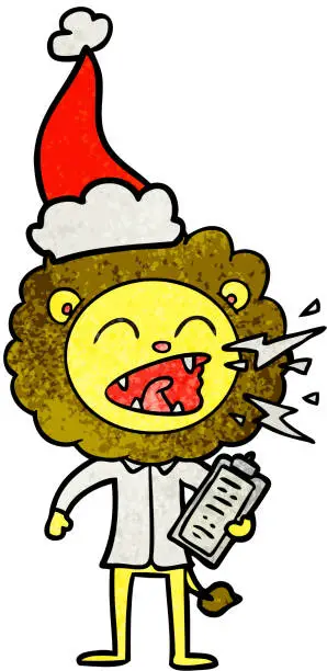 Vector illustration of hand drawn textured cartoon of a roaring lion doctor wearing santa hat