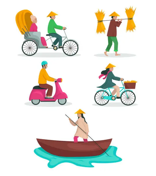 Vector illustration of People of Vietnam. They ride bicycles, mopeds, boats, rickshaws, walks.