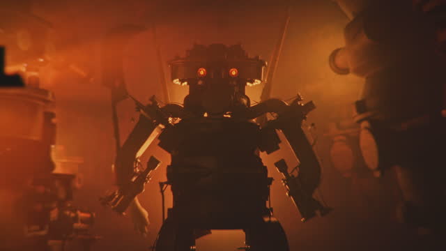 Steampunk warrior robot, with glowing eyes in an industrial corridor and red alert lights. Shot 1 of 4.