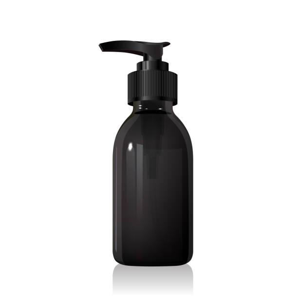 istock Blank black glass round bottle mockup with black pump 1483106305