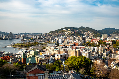 view to skyline of Nagasaki with harbor seen from Glover garden