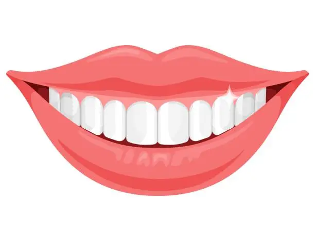 Vector illustration of Smiling mouth with white equal teeth. Healthy teeth and Dental care. Flat vector illustration isolated on white.
