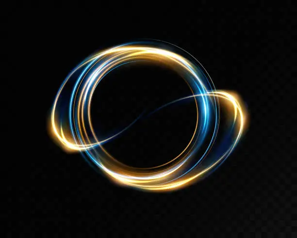 Vector illustration of Abstract light lines of high speed traffic, blue golden colors. Light everyday glowing effect. semicircular wave, light trail curve swirl, optical fiber incandescent design.