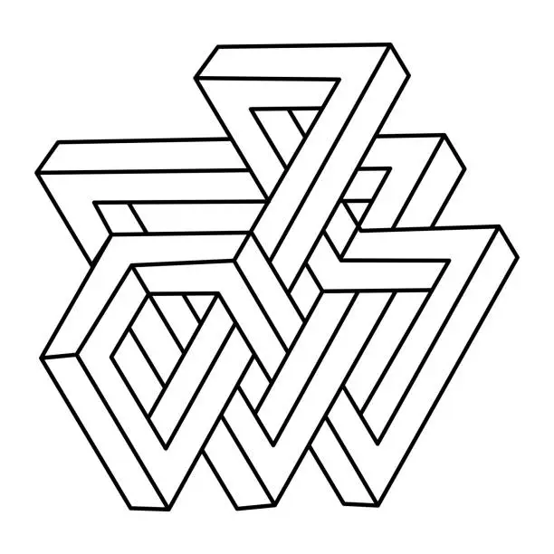 Vector illustration of Sacred geometry figures. Impossible shape. Web design elements. Optical illusion object. Escher style. Line design. Op art.