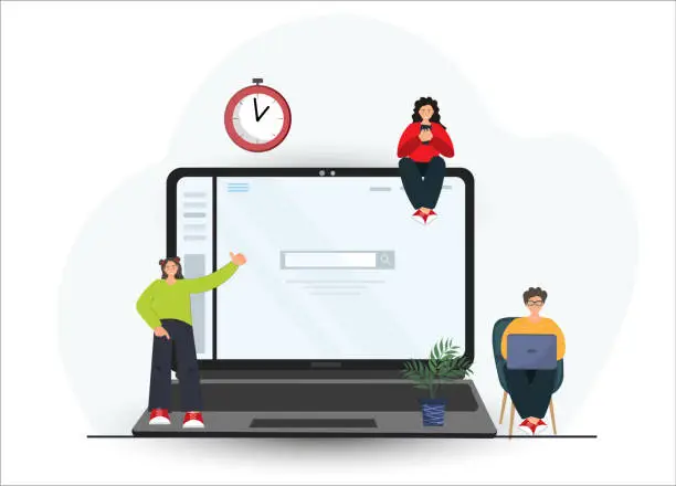 Vector illustration of People searching information on the web site at the laptop, downloading files to the computer, surfing internet, freelance work concept, online learning concept, flat vector illustration