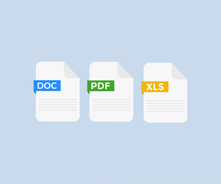 Document file icons. Doc, Pdf, Xls icon. File format flat icon. File and documents extensions. Icons for ui. File type vector design and illustration.