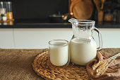 Fresh natural milk in a glass and jug at home