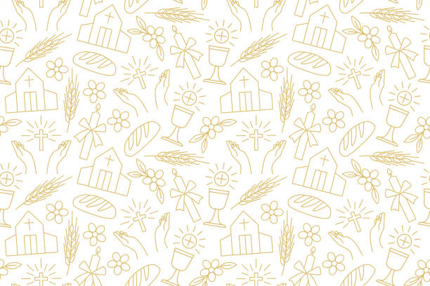 seamless pattern with christian religion icons: holy communion, chalice, bread, ear of wheat, praying hands, candle, church seamless pattern with christian religion icons: holy communion, chalice, bread, ear of wheat, praying hands, candle, church - vector illustration church-background stock illustrations
