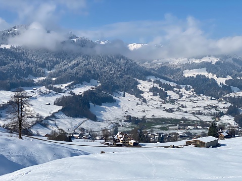 Winter snow idyll in the Thur river valley (or Thurtal) between the Alpstein and Churfirsten mountain massifs, Nesslau - Obertoggenburg region, Switzerland (Schweiz)