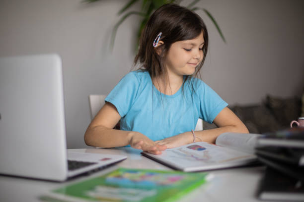 istock Little girl is studying at her home and doing her homework. 1483126598