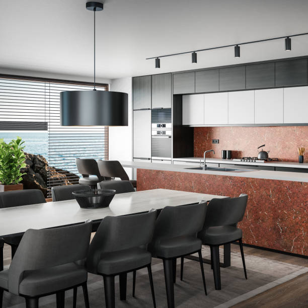 istock Black Modern minimalist kitchen with long island with stools. Dark materials. 1483127272