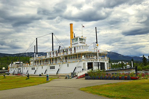 Klondike SS Sternwheel steamboat, picture of boat on bank of the river Yukon in Whitehorse – National historic site, Canada