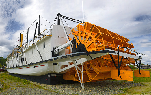 Detail Klondike SS Sternwheel steamboat, picture of boat on bank of the river Yukon in Whitehorse – National historic site, Canada