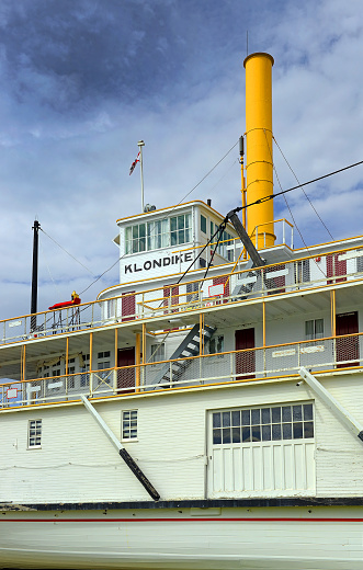 Detail Klondike SS Sternwheel steamboat, picture of boat on bank of the river Yukon in Whitehorse – National historic site, Canada