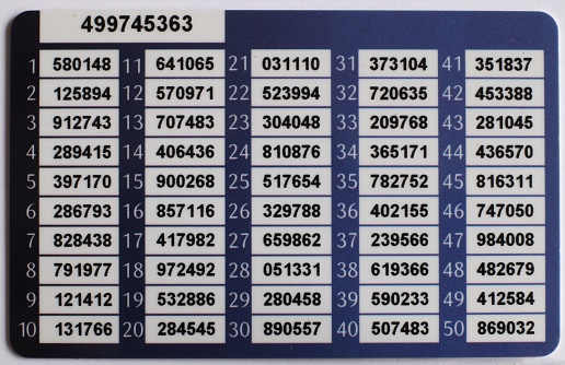 bank card with one-time password numbers, numbered list