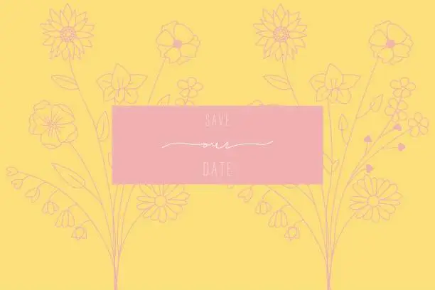 Vector illustration of Vector invitation. Illustration of bright yellow with pink spring flowers. Ideal as a wedding invitation, business card or flower shop banner.