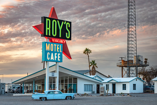 Amboy CA USA Feb 18 2023: Roy's Motel and Cafe Roadside Attraction on Route 66
