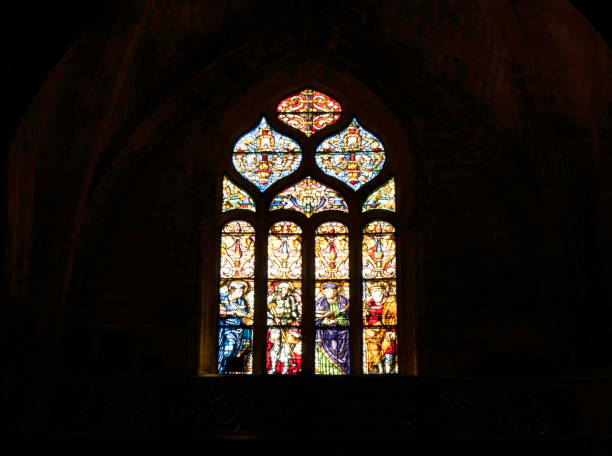 Colored stained glass inside the Giralda in Seville