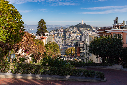 A picture of the Coit Tower atop the Telegraph Hill as seen from the Lombard Street, in the fall.