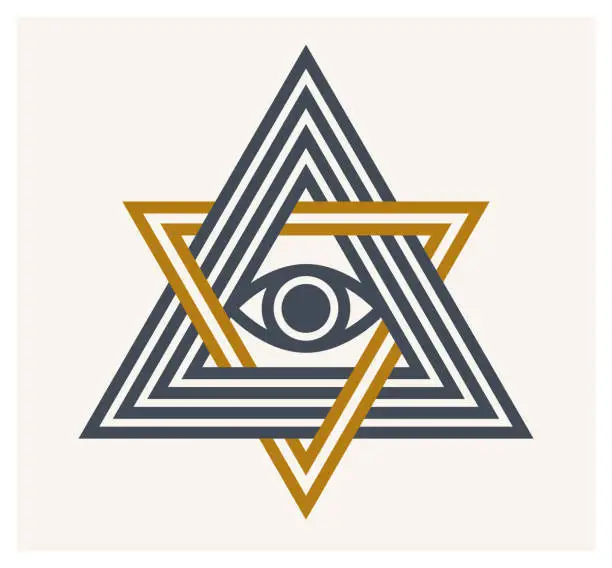 Vector illustration of All seeing eye in star of David vector ancient symbol in modern linear style isolated on white, eye of god, masonic sign, secret knowledge illuminati.