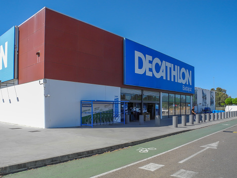 Badajoz, Spain. April 18, 2023. Decathlon sports products store, in the city of Badajoz.