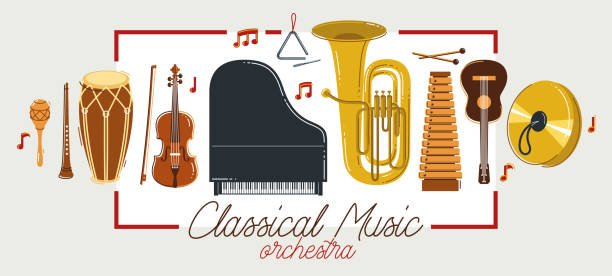 illustrazioni stock, clip art, cartoni animati e icone di tendenza di strumenti di musica classica poster vettoriale illustrazione in stile piatto, classico volantino acustico o banner orchestrale, concerto o festival suono dal vivo, diversità di strumenti musicali. - glass tube