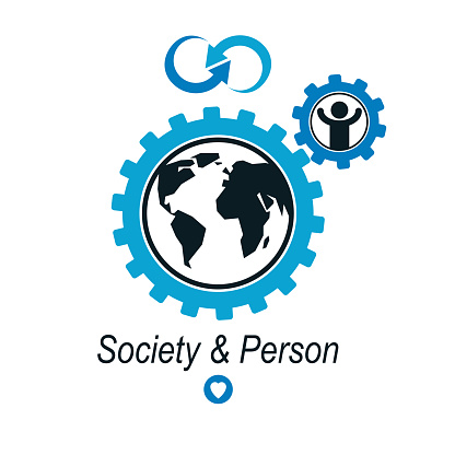 World and Person creative logo, unique vector symbol created with different icons. System and social Matrix sign. Person and humankind interacts with each other. System and social Matrix sign.