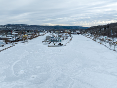 Winter aerial view of the Cayuga Lake inlet, Ithaca, NY.